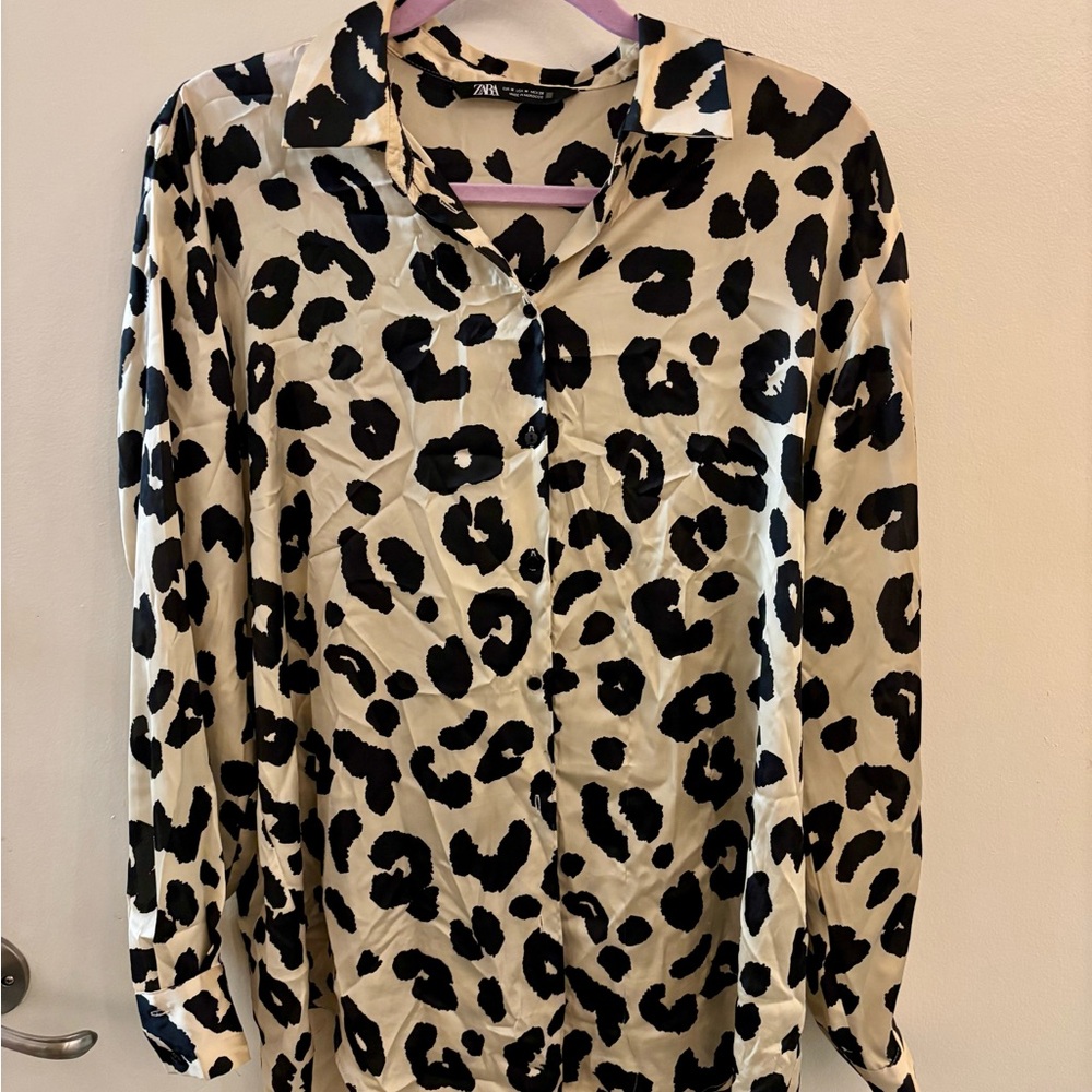 Zara Black and White Leopard Print Blouse